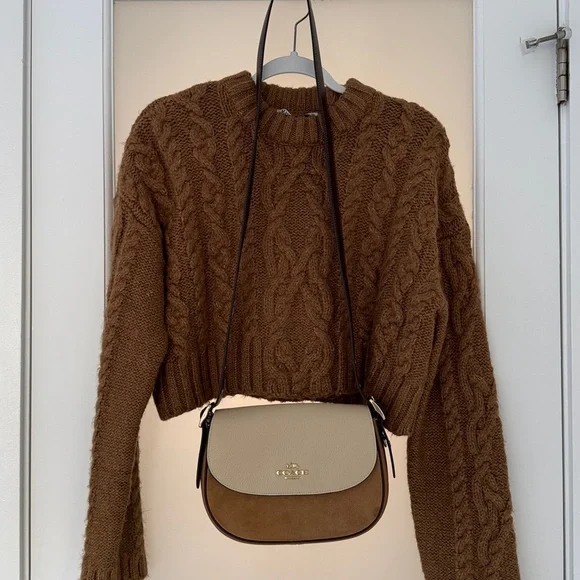 ✨Coach Macie Suede Colorblock Cream and Brown Leather Crossbody Bag - New - Picture 12 of 12